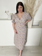 TU (L) Drapp Apró Kék Virágos, 100% Pamut  V Kivágású, Hátul Derékban Megkötős Ruha