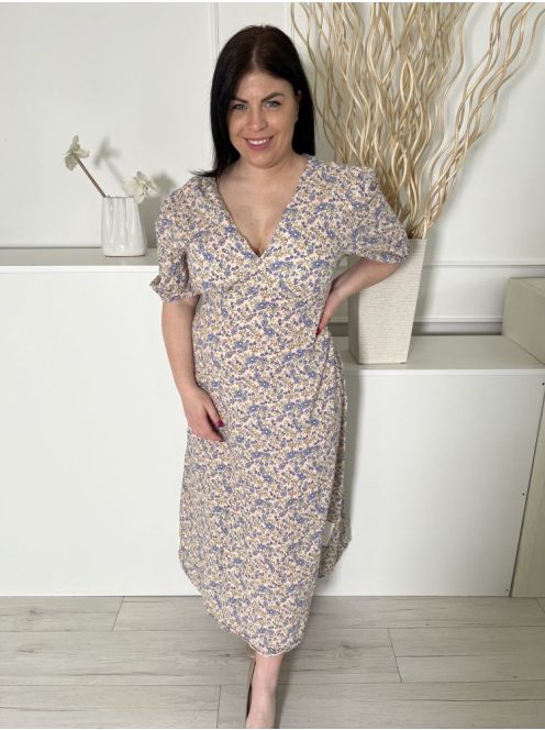 TU (L) Drapp Apró Kék Virágos, 100% Pamut  V Kivágású, Hátul Derékban Megkötős Ruha