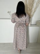 TU (L) Drapp Apró Kék Virágos, 100% Pamut  V Kivágású, Hátul Derékban Megkötős Ruha