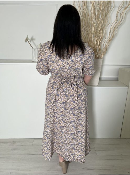 TU (L) Drapp Apró Kék Virágos, 100% Pamut  V Kivágású, Hátul Derékban Megkötős Ruha