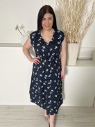 Monsoon (L) Sötétkék Fehér Levélmintás, 100% Len Elől Darázsolt, Nyakánál Hullámos Szegélyű Ruha