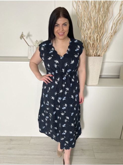 Monsoon (L) Sötétkék Fehér Levélmintás, 100% Len Elől Darázsolt, Nyakánál Hullámos Szegélyű Ruha