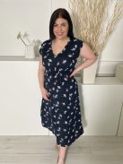 Monsoon (L) Sötétkék Fehér Levélmintás, 100% Len Elől Darázsolt, Nyakánál Hullámos Szegélyű Ruha