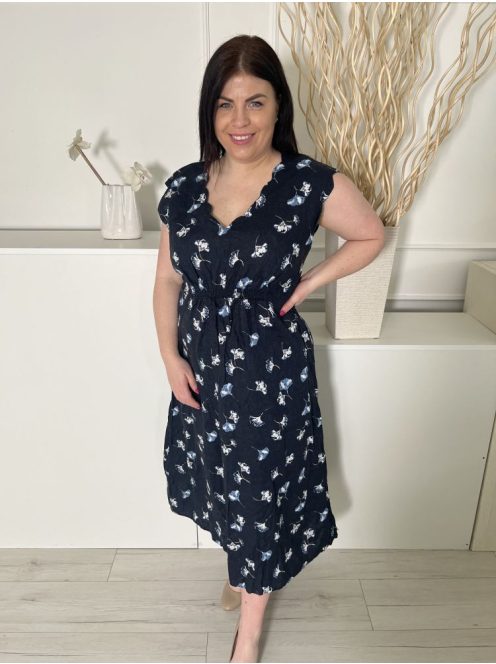 Monsoon (L) Sötétkék Fehér Levélmintás, 100% Len Elől Darázsolt, Nyakánál Hullámos Szegélyű Ruha