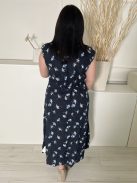 Monsoon (L) Sötétkék Fehér Levélmintás, 100% Len Elől Darázsolt, Nyakánál Hullámos Szegélyű Ruha