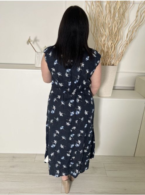 Monsoon (L) Sötétkék Fehér Levélmintás, 100% Len Elől Darázsolt, Nyakánál Hullámos Szegélyű Ruha