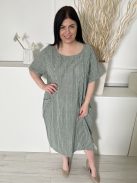 New Collection (L) Zöld Fehér Csíkos, Zsebes 100% Pamut, Lenge Fazonú Ruha