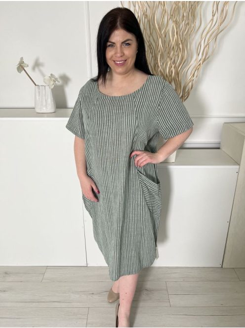 New Collection (L) Zöld Fehér Csíkos, Zsebes 100% Pamut, Lenge Fazonú Ruha