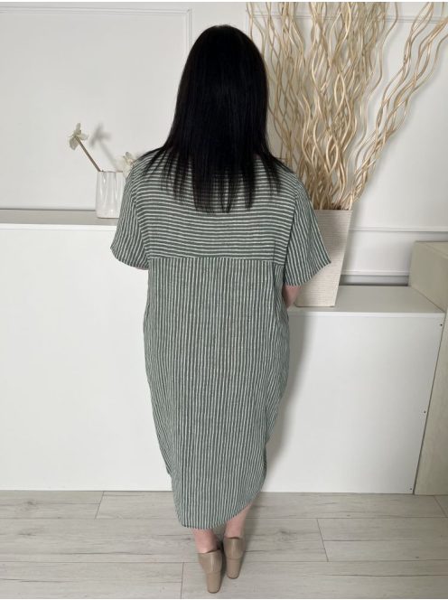 New Collection (L) Zöld Fehér Csíkos, Zsebes 100% Pamut, Lenge Fazonú Ruha