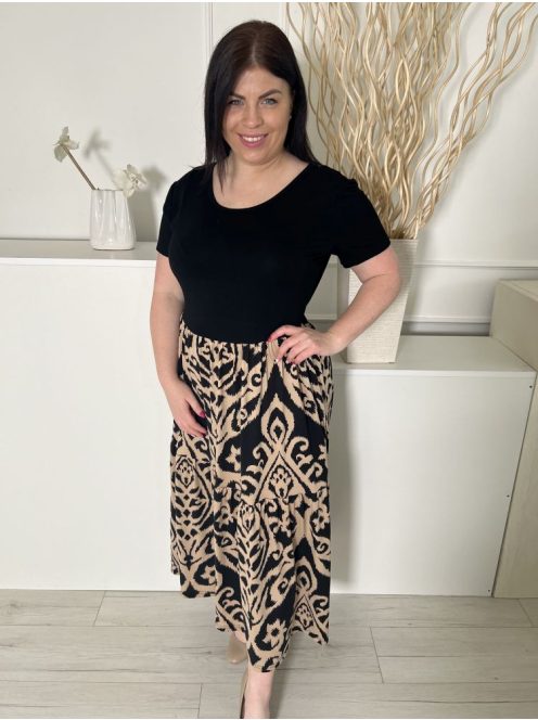 Grecelle (XL) Fekete Szoknyarészén Barna Mintás Kerek Nyakú, Kellemes Anyagú Ruha