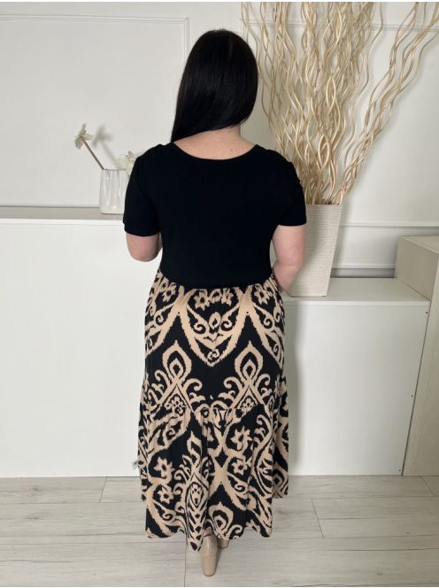 Grecelle (XL) Fekete Szoknyarészén Barna Mintás Kerek Nyakú, Kellemes Anyagú Ruha