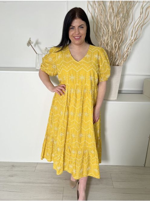 TU (XL) Sárga Fehér Horgoltmintás, 100% Pamut Buggos Ujjú, Szokyarészben Bélelt Ruha