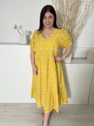 TU (XL) Sárga Fehér Horgoltmintás, 100% Pamut Buggos Ujjú, Szokyarészben Bélelt Ruha