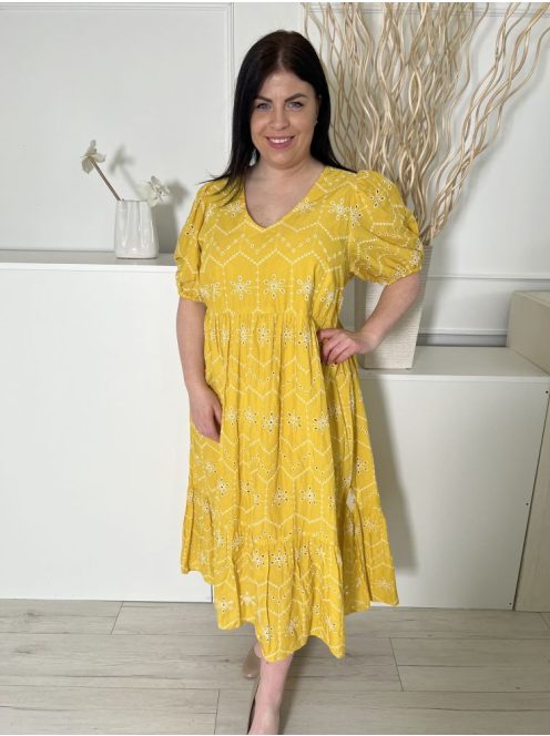 TU (XL) Sárga Fehér Horgoltmintás, 100% Pamut Buggos Ujjú, Szokyarészben Bélelt Ruha