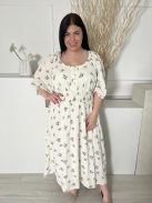 ÚJ TU (XL) Vajszínű Színes Virágos, Derékban Darázsolt 65% Pamut, Mellnél Gombos Ruha