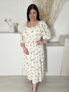 ÚJ TU (XL) Vajszínű Színes Virágos, Derékban Darázsolt 65% Pamut, Mellnél Gombos Ruha