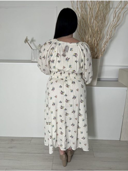 ÚJ TU (XL) Vajszínű Színes Virágos, Derékban Darázsolt 65% Pamut, Mellnél Gombos Ruha