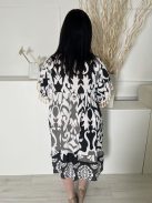  (XL) Fehér Fekete-Szürke Mintás, Nyakban Megköthető Ujján Horgolt Díszes Ruha