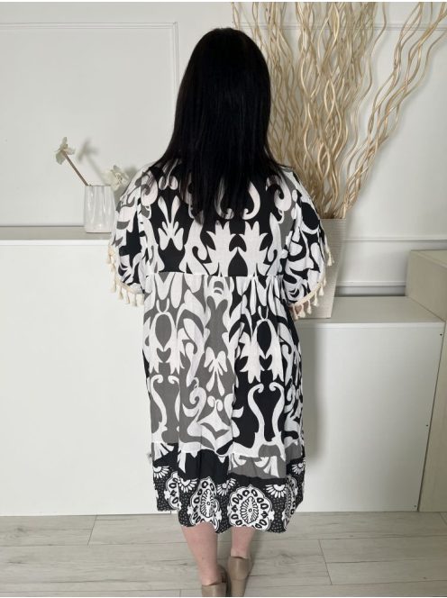 (XL) Fehér Fekete-Szürke Mintás, Nyakban Megköthető Ujján Horgolt Díszes Ruha
