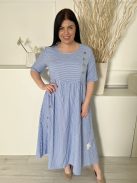  (L) Kék Fehér Csíkos, Díszgombos Derékban Szabott, 100% Pamut Ruha