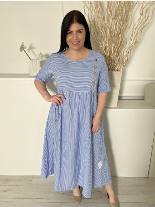  (L) Kék Fehér Csíkos, Díszgombos Derékban Szabott, 100% Pamut Ruha
