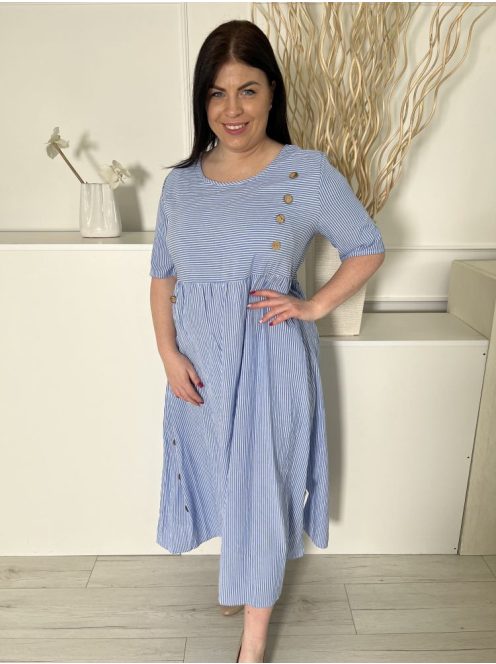  (L) Kék Fehér Csíkos, Díszgombos Derékban Szabott, 100% Pamut Ruha