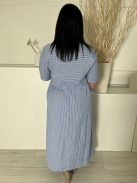  (L) Kék Fehér Csíkos, Díszgombos Derékban Szabott, 100% Pamut Ruha