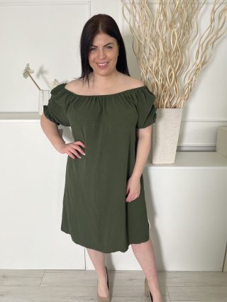   ÚJ P.Denny (XL) Sötétzöld Ejtett Gumis Vállú, Fodros Ujjvégű Bőfazonú Ruha