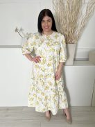 New Look (L) Fehér Sárga Apró Virágos, Hátul Nyakban Gombos Deréban Szabott, 100% Pamut Ruha
