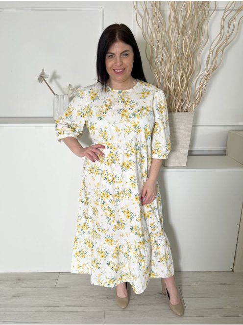 New Look (L) Fehér Sárga Apró Virágos, Hátul Nyakban Gombos Deréban Szabott, 100% Pamut Ruha