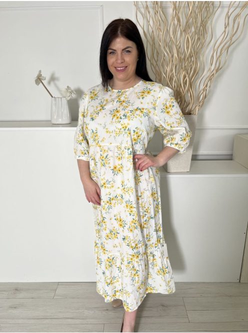 New Look (L) Fehér Sárga Apró Virágos, Hátul Nyakban Gombos Deréban Szabott, 100% Pamut Ruha