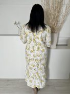 New Look (L) Fehér Sárga Apró Virágos, Hátul Nyakban Gombos Deréban Szabott, 100% Pamut Ruha