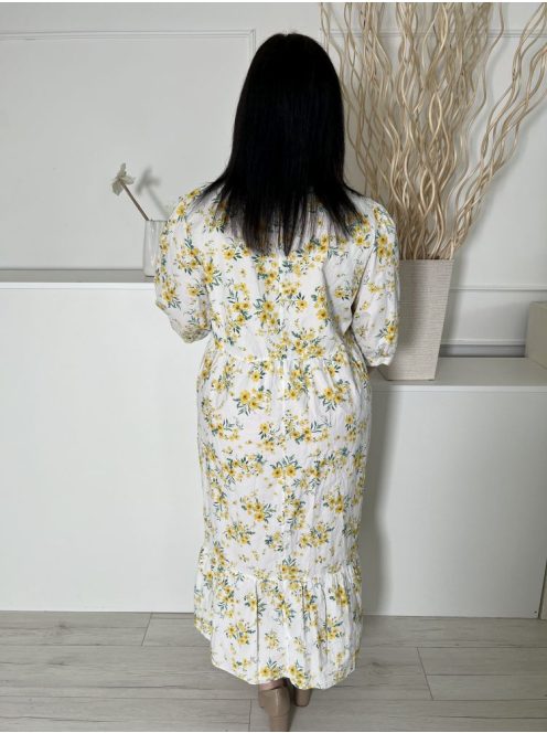 New Look (L) Fehér Sárga Apró Virágos, Hátul Nyakban Gombos Deréban Szabott, 100% Pamut Ruha