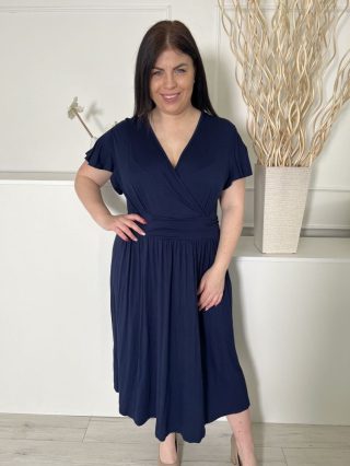   ÚJ Grecelle (XL) Sötétkék Mellnél Átlapolt, Derékban Ráncolt Kellemes Anyagú Ruha