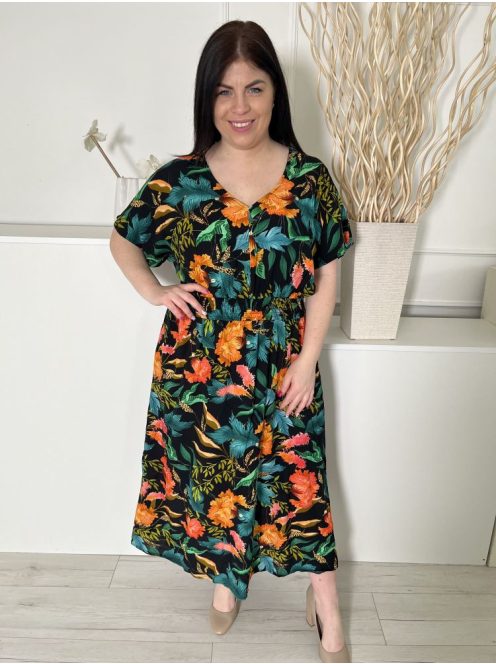 Klass (L) Fekete Színes Levélmintás, Derékban Darázsolt Zsebes, V Kivágású Ruha