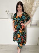 Klass (L) Fekete Színes Levélmintás, Derékban Darázsolt Zsebes, V Kivágású Ruha