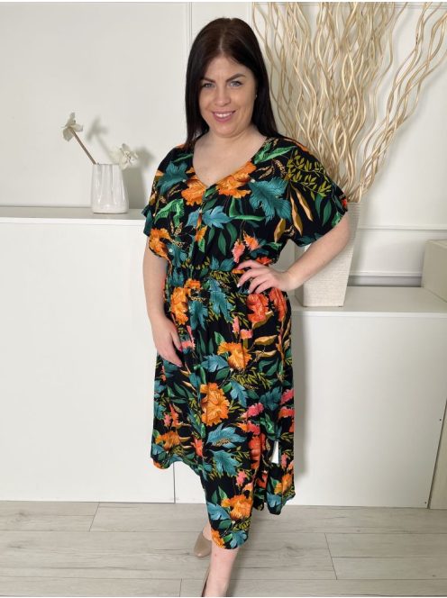 Klass (L) Fekete Színes Levélmintás, Derékban Darázsolt Zsebes, V Kivágású Ruha