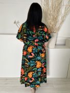 Klass (L) Fekete Színes Levélmintás, Derékban Darázsolt Zsebes, V Kivágású Ruha