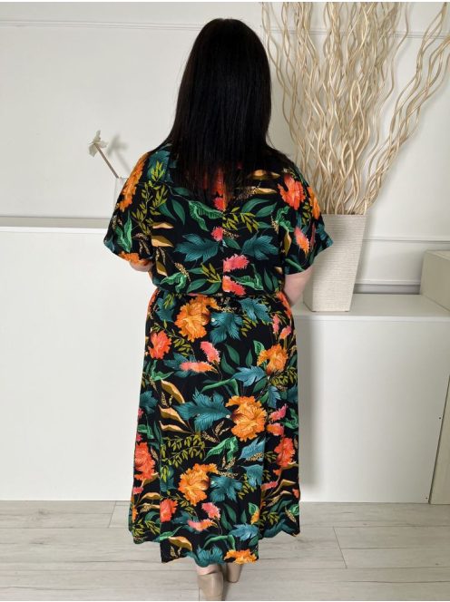 Klass (L) Fekete Színes Levélmintás, Derékban Darázsolt Zsebes, V Kivágású Ruha