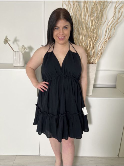 ÚJ H&M (L) Fekete Hátul Nyakban Mekötős, Fodros Bélelt, Hátul Darázsolt Ruha