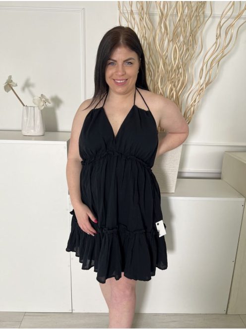 ÚJ H&M (L) Fekete Hátul Nyakban Mekötős, Fodros Bélelt, Hátul Darázsolt Ruha