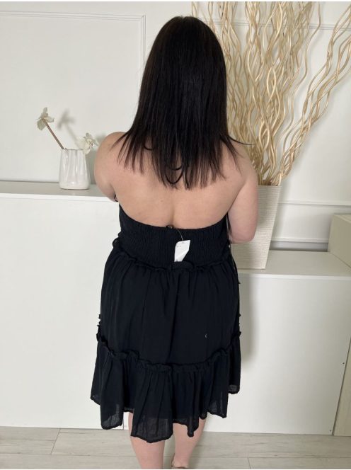 ÚJ H&M (L) Fekete Hátul Nyakban Mekötős, Fodros Bélelt, Hátul Darázsolt Ruha