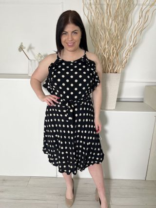   ÚJ Dorothy Perkins (L) Fekete Drapp Pöttyös, Fodros Szegélyű Hátul Cipzáros, Derékban Megkötős Ruha