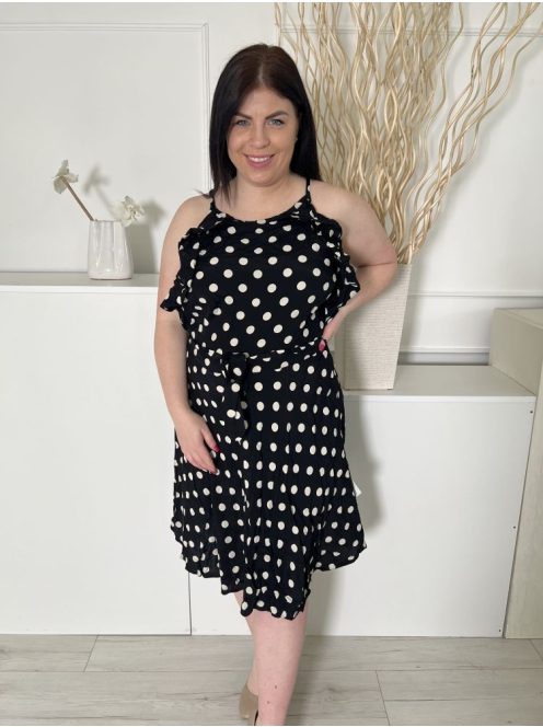 ÚJ Dorothy Perkins (L) Fekete Drapp Pöttyös, Fodros Szegélyű Hátul Cipzáros, Derékban Megkötős Ruha