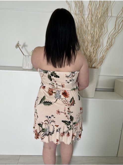 Buffalo (L) Púderszínű Színes Mintás, Díszmegkötős és Gombos Gumisderekú, Fodros Aljú Ruha