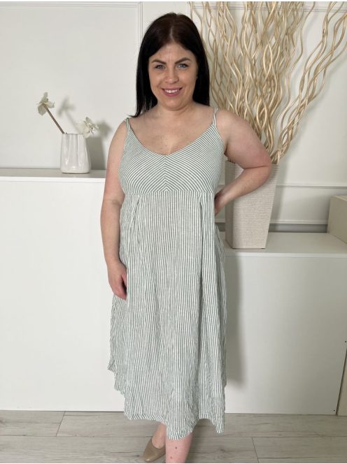 Pixiegirl (L) Zöld Fehér Csíkos, Hátul Darázsolt Mell Alatt Szabott, Pántos Ruha