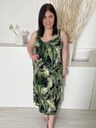 ÚJ Yours (L) Fekete Zöld Levélmintás, Oldalt Sliccelt Darázsolt Pántú Ruha