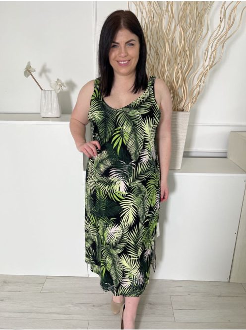 ÚJ Yours (L) Fekete Zöld Levélmintás, Oldalt Sliccelt Darázsolt Pántú Ruha