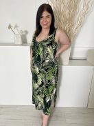 ÚJ Yours (L) Fekete Zöld Levélmintás, Oldalt Sliccelt Darázsolt Pántú Ruha