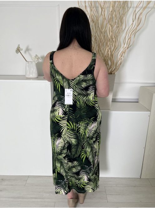 ÚJ Yours (L) Fekete Zöld Levélmintás, Oldalt Sliccelt Darázsolt Pántú Ruha